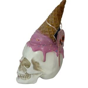 Halloween Skull Ice Cream Cone Head Decor Pink Drip Sprinkles 10" Spooky Summer
